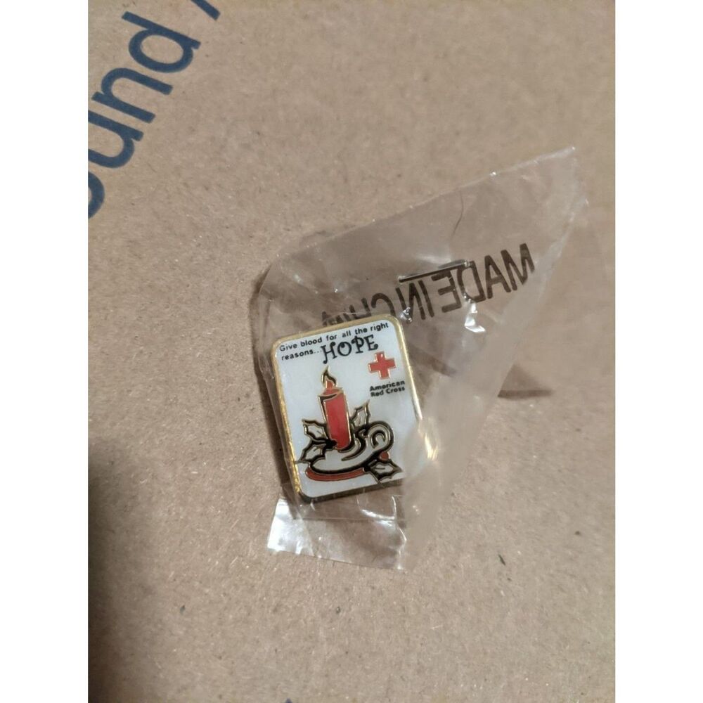 Vintage American Red Cross Hope Enamel Lapel Pin Candle Holly Sealed